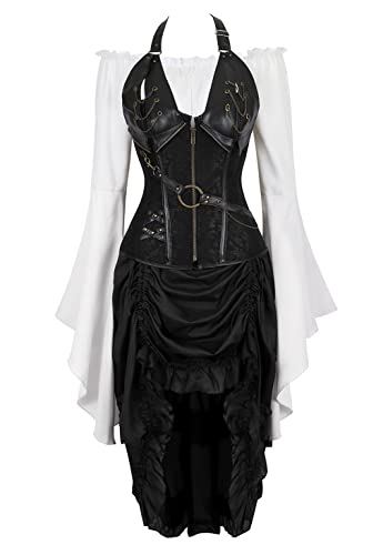 Grebrafan Steampunk Corsage mit Pirat Rock und Bluse Leder Korsett karneval Kostüm (EUR(30-32) XS, Schwarz) von Grebrafan