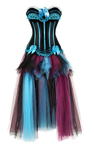 Grebrafan Steampunk Corsage mit Rock Lang aus tüll Karneval Kostüm Gestreift Korsage Damen (EUR(34-36) M, Light Blau) von Grebrafan