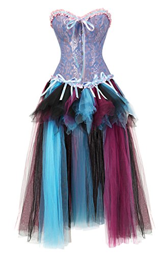 Grebrafan Steampunk Corsage mit Rock Lang aus tüll Karneval Kostüm Klassische Korsage Damen (EUR(44-46) 4XL, Blau) von Grebrafan