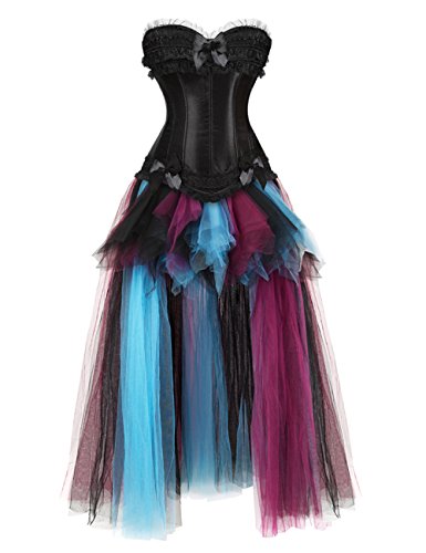 Grebrafan Steampunk Corsage mit Rock Lang aus tüll Karneval Kostüm Reißverschluss Korsage Damen (EUR(36-38) L, Schwarz) von Grebrafan