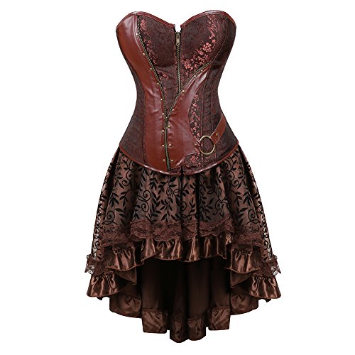 Grebrafan Steampunk Corsage mit Tüll Rock Kunstleder Korsett kostüm Damen (EUR(40-42) 2XL, Braun) von Grebrafan