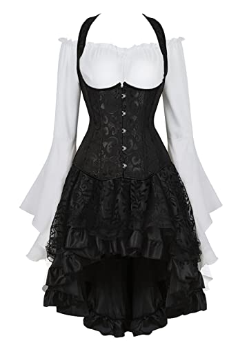 Grebrafan Steampunk Unterbrust Corsage Piratin Kostüm Korsett Bluse Burlesque Rock Set (EUR(40-42) 2XL, Schwarz) von Grebrafan