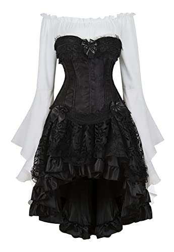 Grebrafan Steampunk Corsage mit Tüll Rock und Piraten Bluse Damen Korsett Reissverschluss Kostüm (EUR(50-52) 7XL, Schwarz) von Grebrafan