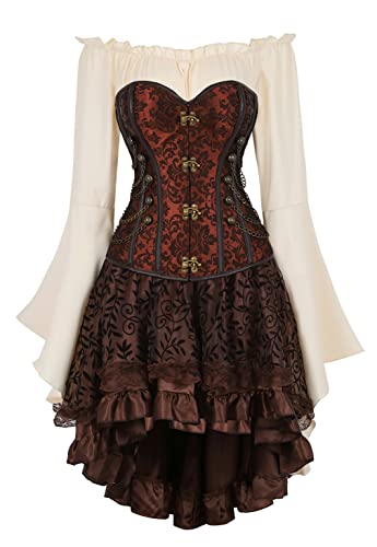 Grebrafan Steampunk Corsage mit Tüll Rock und Piraten Bluse Damen Taille Korsett Kostüm (EUR(50-52) 7XL, Braun) von Grebrafan