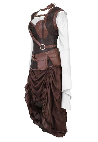 Grebrafan Steampunk Damen Corsage mit Pirat Rock und Bluse Korsett Kostüm (EUR(36-38) L, Braun) von Grebrafan