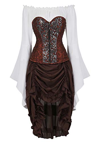 Grebrafan Steampunk Damen Corsage mit Pirat Rock und Bluse Stahl Korsett Kostüm (EUR(50-52) 7XL, Braun) von Grebrafan