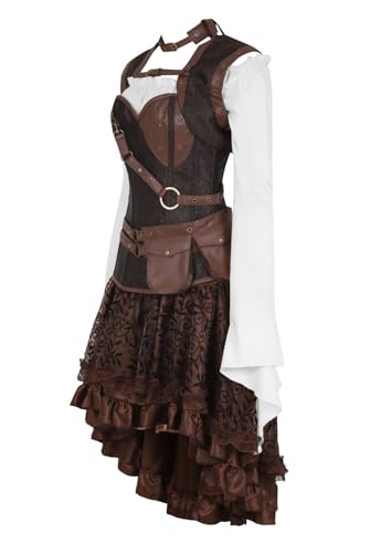 Grebrafan Steampunk Damen Corsage mit Tüll Rock und Piraten Bluse Korsett Kostüm (EUR(50-52) 7XL, Braun) von Grebrafan