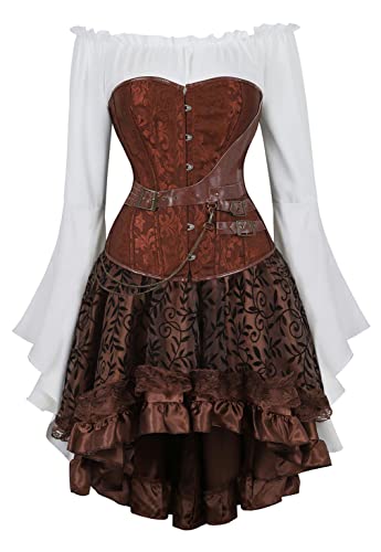 Grebrafan Steampunk Damen Corsage mit Tüll Rock und Piraten Bluse Kunstleder Korsett Kostüm (EUR(36-38) L, Braun) von Grebrafan