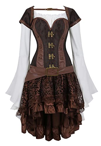 Grebrafan Steampunk Damen Corsage mit Tüll Rock und Piraten Bluse Retro Korsett Kostüm (EUR(42-44) 3XL, Braun) von Grebrafan