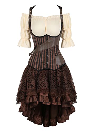 Grebrafan Steampunk Gestreift Corsage Kostüm Karneval Unterbrust Korsett mit Piraten Rock und Bluse (EUR(32-34) S, Braun) von Grebrafan