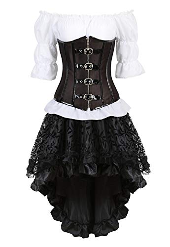 Grebrafan Steampunk Leder Corsage Kostüm Karneval Taille Unterbrust Korsett mit Piraten Rock und Bluse (EUR(34-36) M, Schwarz) von Grebrafan