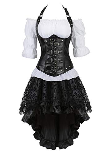 Grebrafan Steampunk Leder Corsage Kostüm Karneval Unterbrust Korsett mit Piraten Rock und Bluse (EUR(32-34) S, Schwarz) von Grebrafan