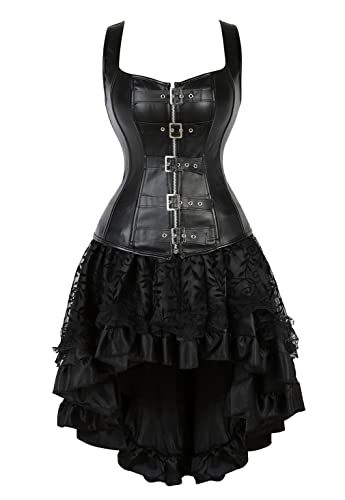 Grebrafan Steampunk Leder Corsage mit Tüll Rock Korsett Strapse kostüm Damen (EUR(48-50) 6XL, Schwarz) von Grebrafan