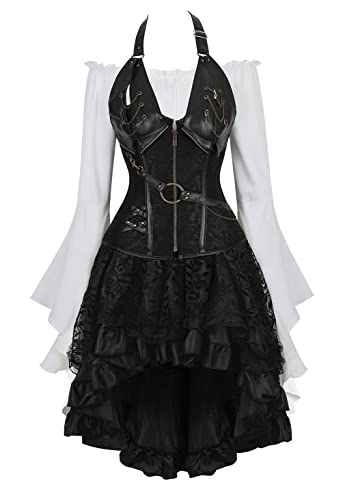 Grebrafan Steampunk Leder Corsage mit Tüll Rock und Piraten Bluse Karneval Korsett Kostüm (EUR(32-34) S, Schwarz) von Grebrafan