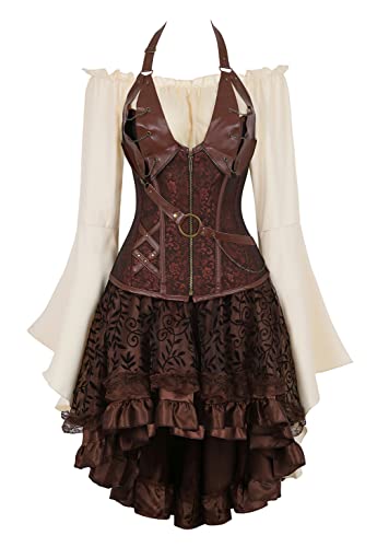 Grebrafan Steampunk Leder Corsage mit Tüll Rock und Piraten Bluse Karneval Korsett Kostüm (EUR(48-50) 6XL, Braun) von Grebrafan