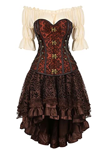 Grebrafan Steampunk Taillen Corsage Halloween Kostüm Karneval Korsett mit Piraten Rock und Bluse (EUR(34-36) M, Braun) von Grebrafan