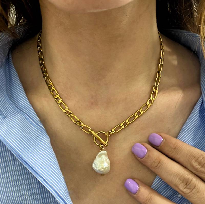 Barock Perle Anhänger Halskette, Figaro Kette, Toggle Verschluss von Grecmuse