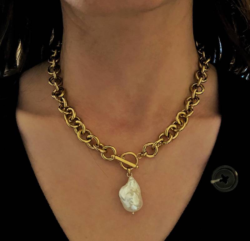 Barockperle Anhänger Halskette, Große Echte Feuerball Barockperle, Unregelmäßige Perle Toggle Retro-stil Denke Kette Mit von Grecmuse