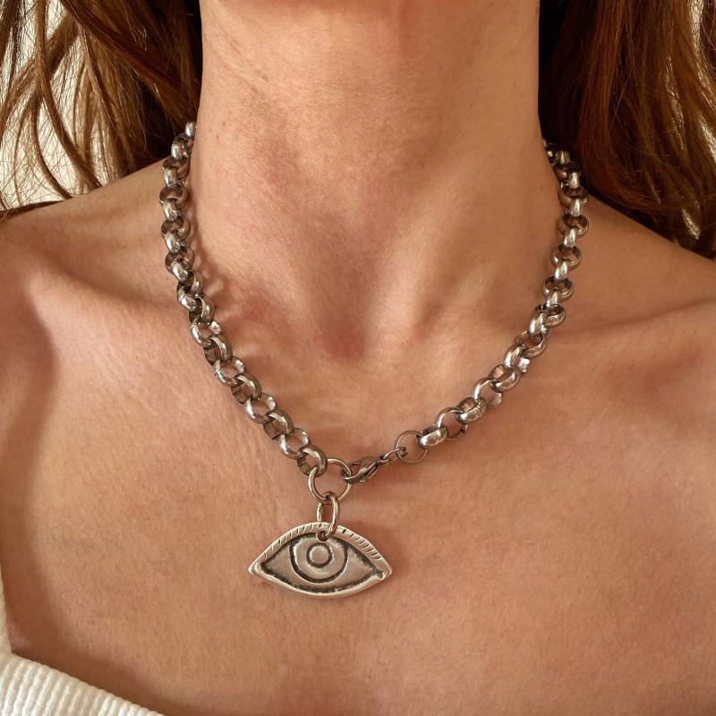 Chunky Silber Evil Eye Halskette, Retro Kette, Geschenk Für Sie von Grecmuse