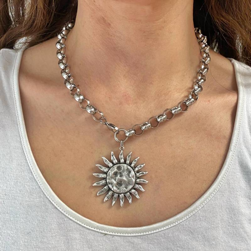 Chunky Silber Ton Sonne Halskette Helios Celestial Schmuck von Grecmuse