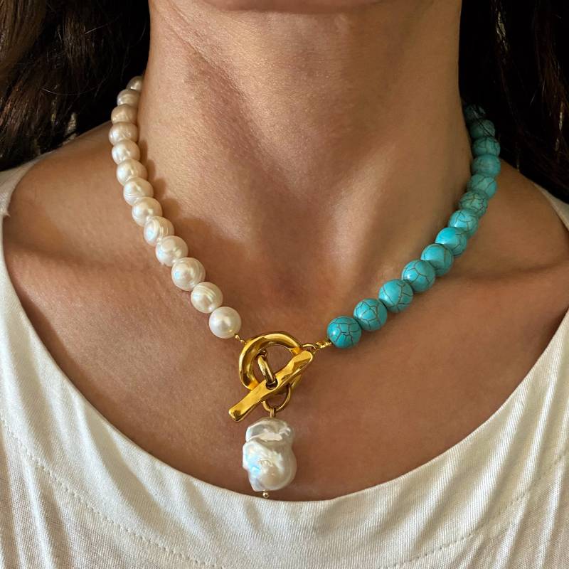 Türkis Halsband Halskette, Barock Perlen Anhänger Knebel Echte Perle Halbperlen Halskette von Grecmuse