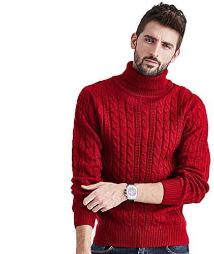 Herren Strickpullover High Neck Twisted Strickpullover Herbst Winter Langarm Grob Slim Fit Strickwaren Basic Einfarbig Pullover, rot, XX-Large von GreeSafety