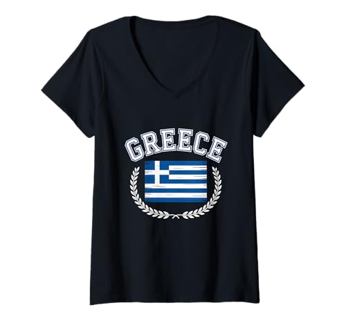 Damen Griechenland Flagge Griechisch T-Shirt mit V-Ausschnitt von Greece Flag Proud Greek Roots