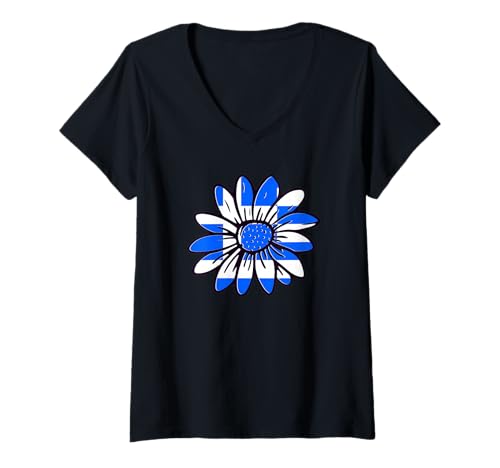 Damen Patriotische griechische niedliche Blumen-Grafik Griechenland-Flagge Mädchen Kinder T-Shirt mit V-Ausschnitt von Greece Greek Flag Designs