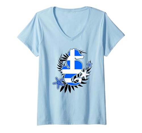 Damen Patriotische griechische niedliche Seepferdchen-Grafik Griechenland-Flagge Kinder Mädchen T-Shirt mit V-Ausschnitt von Greece Greek Flag Designs