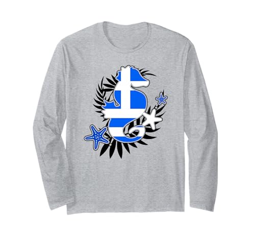 Patriotische griechische niedliche Seepferdchen-Grafik Griechenland-Flagge Kinder Mädchen Langarmshirt von Greece Greek Flag Designs