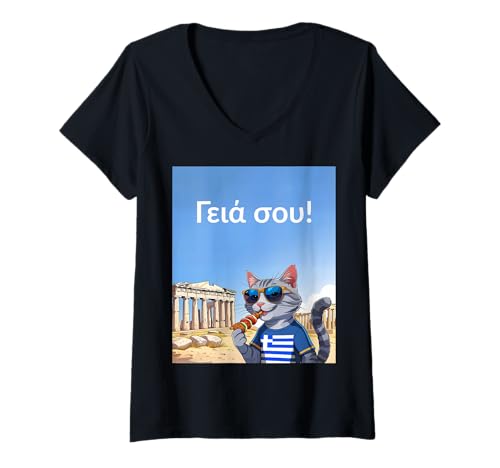 Damen Griechenland für Kinder Hi in griechischer Sprache Katze Akropolis Athen T-Shirt mit V-Ausschnitt Damen Griechenland für Kinder Hi in griechischer Sprache Katze Akropolis Athen T-Shirt mit V-Ausschnitt von Greece Souvenirs for Family Men Women Boys Girls