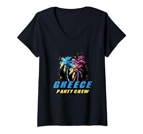 Damen Griechenland Party Crew Motto Zitat T-Shirt mit V-Ausschnitt von Greece Travel Style Inc