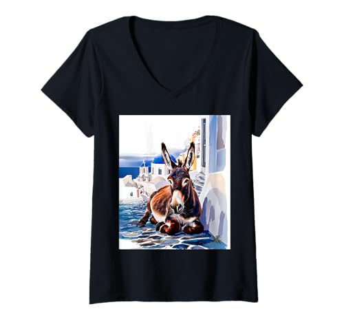 Damen Griechischer Insel-Esel im griechischen Dorf Blaue Kirche Griechenland T-Shirt mit V-Ausschnitt Damen Griechischer Insel-Esel im griechischen Dorf Blaue Kirche Griechenland T-Shirt mit V-Ausschnitt von Greece Vacation Outfits for Women from Athens Art