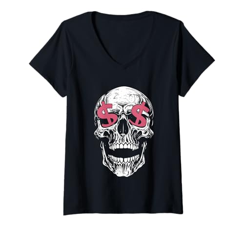 Damen Totenköpfe mit Dollarzeichen-Augen – kantiges Reichtumssymbol Gier T-Shirt mit V-Ausschnitt Damen Totenköpfe mit Dollarzeichen-Augen – kantiges Reichtumssymbol Gier T-Shirt mit V-Ausschnitt von Greedy Skeleton