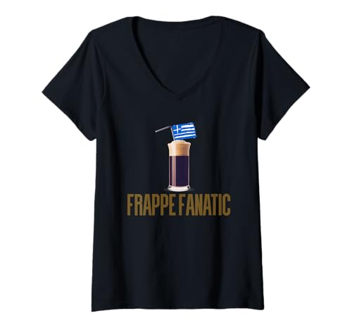 Damen Frappe Fanatic Griechische Flagge Kaffee T-Shirt mit V-Ausschnitt Damen Frappe Fanatic Griechische Flagge Kaffee T-Shirt mit V-Ausschnitt von Greek Coffee International Corp