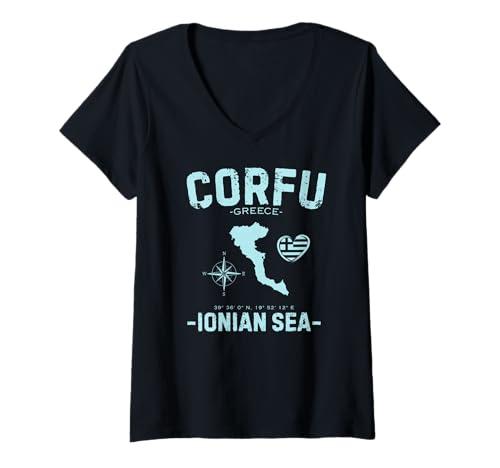 Damen Korfu Ionisches Meer Griechenland Griechische Flagge Karte T-Shirt mit V-Ausschnitt von Greek Ionian Islands Greece Flag Vacation Souvenir
