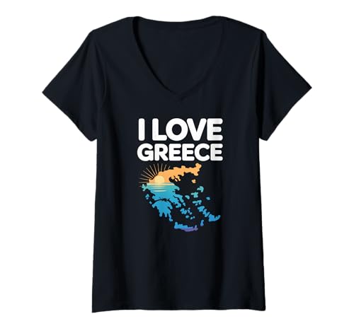 Damen I Love Greece Sonnenuntergangskarte Ozeanblick T-Shirt mit V-Ausschnitt Damen I Love Greece Sonnenuntergangskarte Ozeanblick T-Shirt mit V-Ausschnitt von Greek Islands Travel Wanderlust Adventure