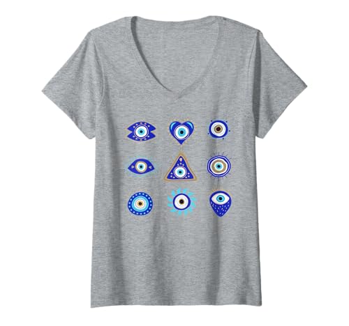 Damen Viele griechische Mati Evil Eye Kinder Männer Frauen Geschenk T-Shirt mit V-Ausschnitt Damen Viele griechische Mati Evil Eye Kinder Männer Frauen Geschenk T-Shirt mit V-Ausschnitt von Greek Mati Evil Eye Products