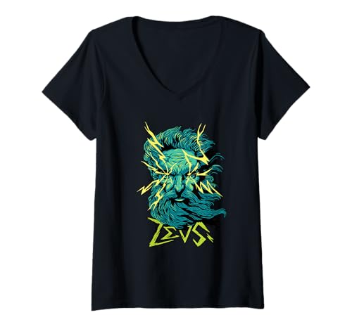 Damen Mächtiger Zeus Lightning God Grafikkunst T-Shirt mit V-Ausschnitt Damen Mächtiger Zeus Lightning God Grafikkunst T-Shirt mit V-Ausschnitt von Greek Mythology Power Designs