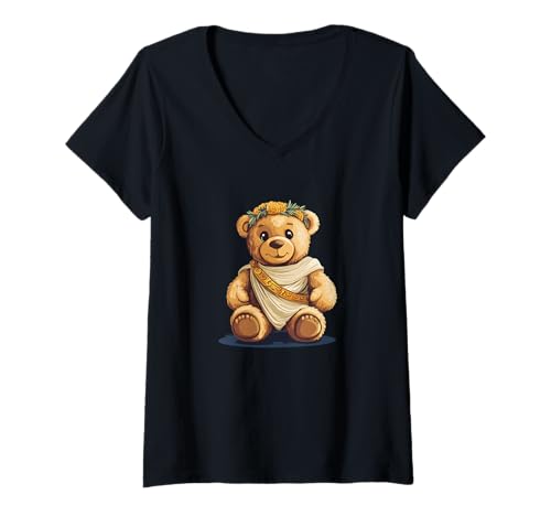 Damen Lustiger Teddy im griechischen Stil, bereit für Abenteuer T-Shirt mit V-Ausschnitt von Greek Teddy Bear