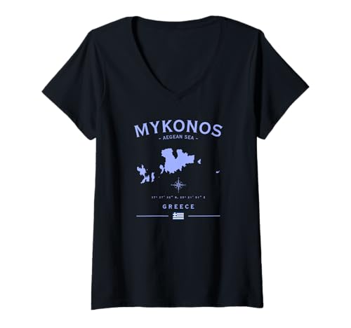 Damen Mykonos Griechische Insel Griechenland Flagge Ägäis Meer Urlaub GPS T-Shirt mit V-Ausschnitt Damen Mykonos Griechische Insel Griechenland Flagge Ägäis Meer Urlaub GPS T-Shirt mit V-Ausschnitt von Greek Vacation GPS Coordinates Mykonos Travel Shop
