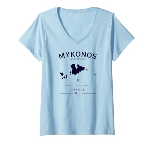 Damen Mykonos Griechische Insel Griechenland Flagge Ägäis Meer Urlaub GPS T-Shirt mit V-Ausschnitt Damen Mykonos Griechische Insel Griechenland Flagge Ägäis Meer Urlaub GPS T-Shirt mit V-Ausschnitt von Greek Vacation GPS Coordinates Mykonos Travel Shop