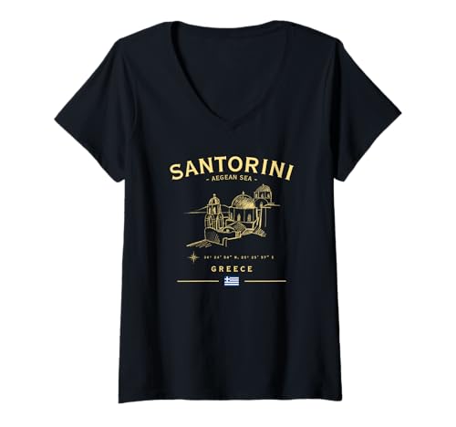 Damen Santorini Griechische Insel Griechenland Flagge Ägäis Urlaub T-Shirt mit V-Ausschnitt Damen Santorini Griechische Insel Griechenland Flagge Ägäis Urlaub T-Shirt mit V-Ausschnitt von Greek Vacation GPS Coordinates Santorini Travel