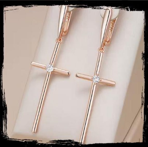 585 Rose Gold Vergoldet Kreuz Lange Tropfen Ohrringe Ca 5, 7cm Lang von GreekArtCrafts