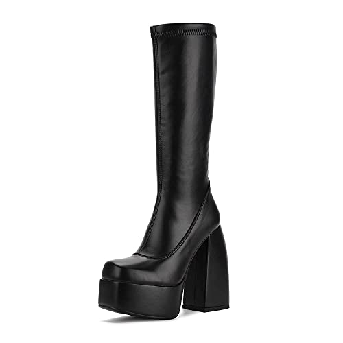 Greemarliy Damen Elastische Mikrofaser Kniehohe Stiefel High Heel Seitlicher Reißverschluss Punk Stil Schuhe, schwarz, 44 EU von Greemarliy