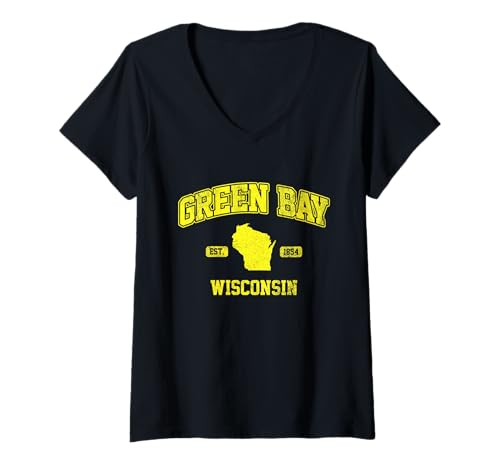 Damen Vintage Green Bay Wisconsin Est 1854 Retro Gelb Design T-Shirt mit V-Ausschnitt Damen Vintage Green Bay Wisconsin Est 1854 Retro Gelb Design T-Shirt mit V-Ausschnitt von Green Bay Wisconsin Sports USA City State Pride