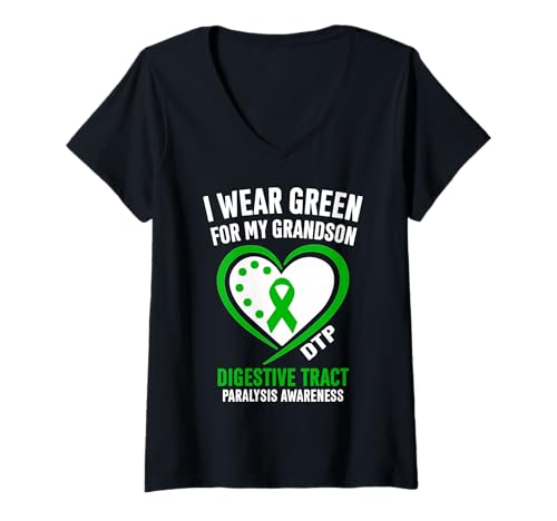 Damen Ich trage Grün für das DTP-Bewusstsein meines Enkels T-Shirt mit V-Ausschnitt von Green DTP Awareness Apparel.