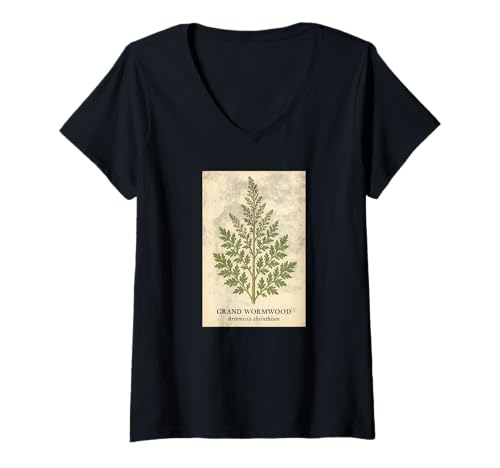 Damen GROSSER WERMUT Artemisia Absinthium Botanical T-Shirt mit V-Ausschnitt von Green Fairy Design and Apparel