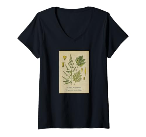 Damen GROSSER WERMUT Artemisia Absinthium Botanical T-Shirt mit V-Ausschnitt von Green Fairy Design and Apparel