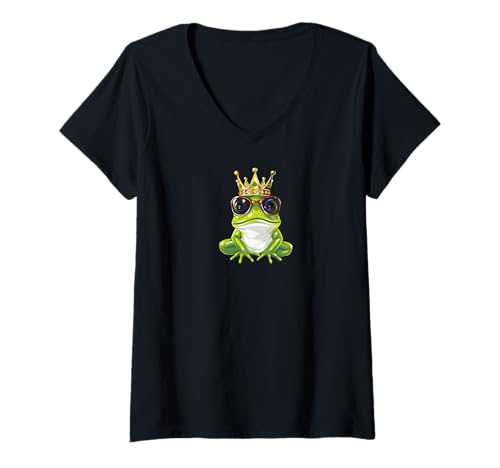 Damen Comic-Frosch mit Krone T-Shirt mit V-Ausschnitt Damen Comic-Frosch mit Krone T-Shirt mit V-Ausschnitt von Green Frog Fashion